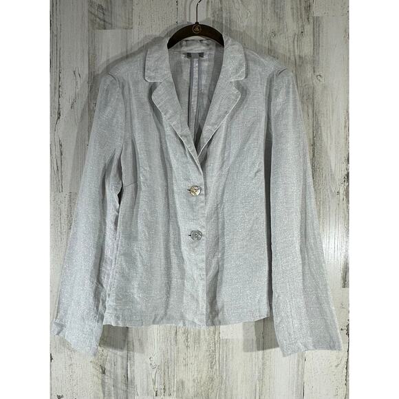 J Jill Blazer Jacket Size Medium Light Gray Silver Metallic Linen Blend Pockets - Picture 1 of 10
